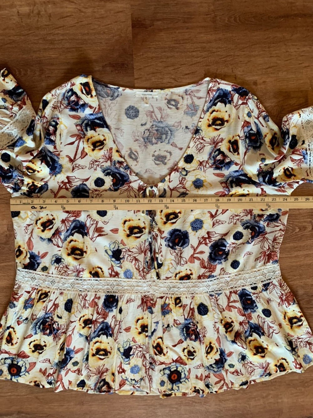 Maurices NWOT Floral Babydoll Peplum Boho Peasant Top 1X Lace Trim Cream Blue - Picture 7 of 14